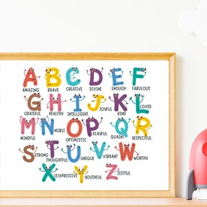 Positive Affirmation Worte ABCs Alphabet Kinderzimmer Dekor,einzigartiges Spielzimmer Wand Kunst Druck,Englisch Lustiges Alphabet Poster,Kid Baby Zimmer Geschenkideen