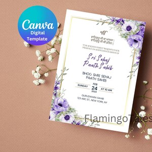 Sri Sehaj Paath Invitation, Sikh Invitations, Purple flower, Digital Sikh Invites, Editable DIY Canva template