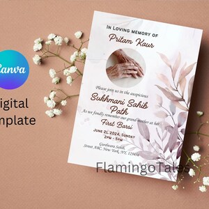 May include: A digital template for a memorial service invitation with a watercolor background featuring leaves and branches in shades of pink and purple. The text reads "In loving memory of Pritam Kaur" and includes details for a Sukhmani Sahib Path First Barsi.