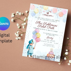 Plantilla Canva con globos azules para la invitación del primer cumpleaños del bebé Sukhmani Sahib Paath, tarjeta de invitación digital Sikh, punjabi, floral, Akhand Path