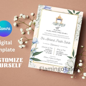 May include: A digital template for a Sikh religious ceremony invitation. The invitation features a floral design with blue and white flowers, a golden border, and a golden temple illustration. The text on the invitation reads "Sri Akhand Paath Sahib" and includes details about the ceremony, including the date, time, and location.