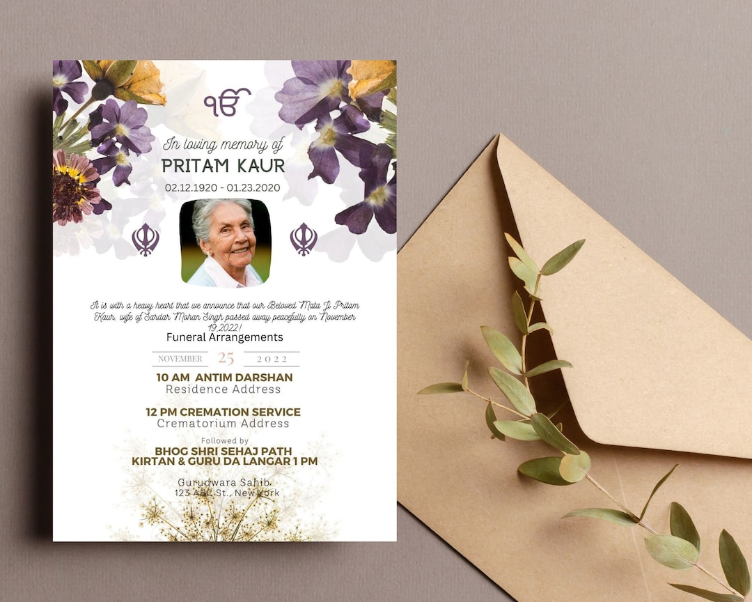 Sikh Funeral Invite, Punjabi Funeral Invitation Template,sikh Death Prayer, Funeral Memorial