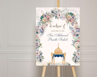 Akhand Paath Welcome sign,Sukhmani Sahib Paath Jee Ayan nu, pastel floral rose arch Gurmukhi,floral unique,Sikh Punjabi poster board,Digital