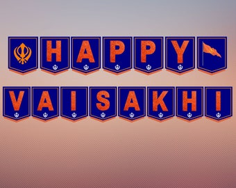 Estandarte Vaisakhi, PDF DIGITAL, Celebra Vaisakhi, Decoración, Estandarte de la bandera Khalsa Blue y Orange Bunting, imprima su propio estandarte