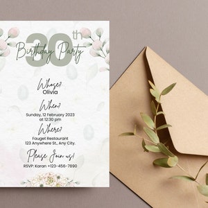 Birthday Invite template, Printable, elegant lovely pastel pink, Party Invite Digital Download Editable Template