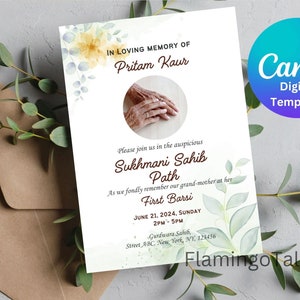 Convite Sikh Barsi, Funeral, Caminho Sukhmani Sahib, Punjabi, Convite, Modelo DIY Canva, anúncio de morte de serviço memorial Gurdwara, Digital