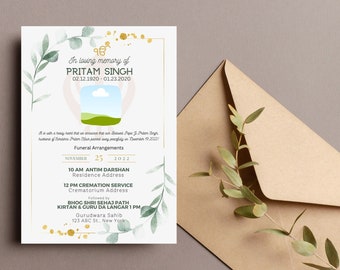 May include: A white and green funeral announcement card with a floral border. The card announces the passing of Pritam Singh on November 25, 2022. The card includes details for the funeral arrangements, including the time and location of the Antim Darshan, cremation service, and a Bhog Shri Sehaj Path with Kirtan and Guru Da Langar.