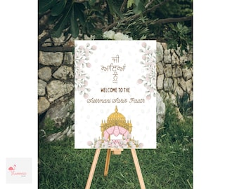 Akhand Paath Welcome sign,Jee Ayan nu sign, welcome in Gurmukhi, pastel pink green leaves decor, Sikh Punjabi welcome sign,Digital