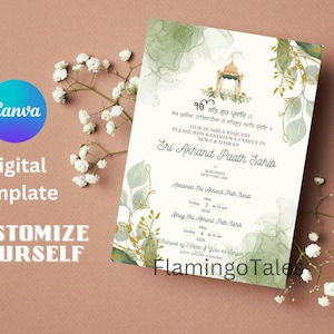Invito Akhand Paath, verde dorato, Sikh digitale, invito per compleanno del bambino, benvenuto, eventi Sikh, invito Punjabi, modello Canva modificabile