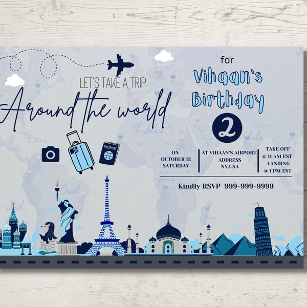 Around the World theme Birthday Invite,Printable Birthday Invite,Digital Birthday Invite,Airplane theme Invite,World wonders,pilot,adventure