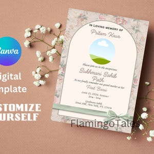 May include: A digital template for a memorial service invitation with a floral background. The text reads "In loving memory of Pritam Kaur" and includes details for a Sukhmani Sahib Path.