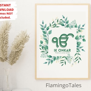 Ik Onkar wall art,Digital Download,watercolor Green floral design,Sikh home decor,Gurbani art,Punjabi wall art,Ek Onkar wall art