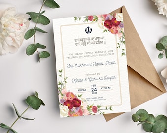 Sukhmani Sahib Paath invite, Digital Sikh invitations,Punjabi invites, Pastel Floral Paath invitations, invite templates