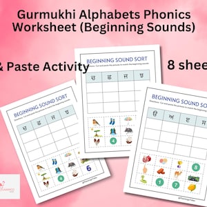 May include: A set of eight printable worksheets for learning Gurmukhi alphabet phonics. Each worksheet features a cut and paste activity where children match pictures to the beginning sounds of the Gurmukhi letters. The letters are printed in bold black font.