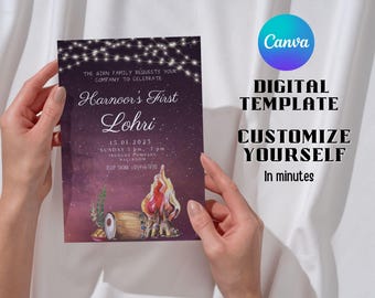 May include: A digital template invitation for Harnoor's First Lohri, held on January 15, 2023. The invitation features a starry night background, string lights, and illustrations of a bonfire and a drum. The Canva logo and text "DIGITAL TEMPLATE CUSTOMIZE YOURSELF In minutes" are also visible.