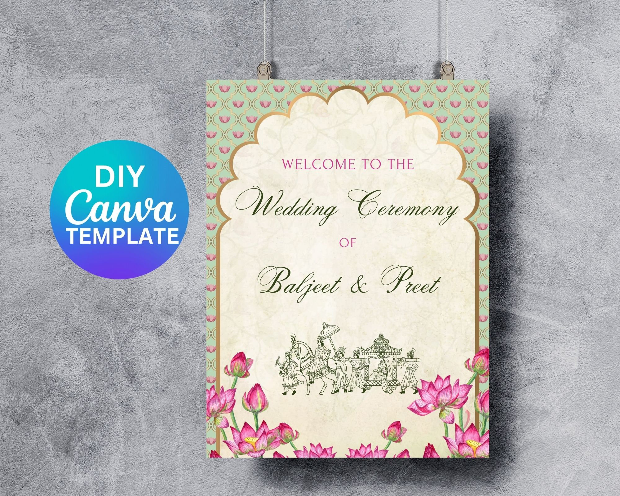 Hindu Wedding Welcome Sign Editable Canva Template Elegant Royal Pastel ...