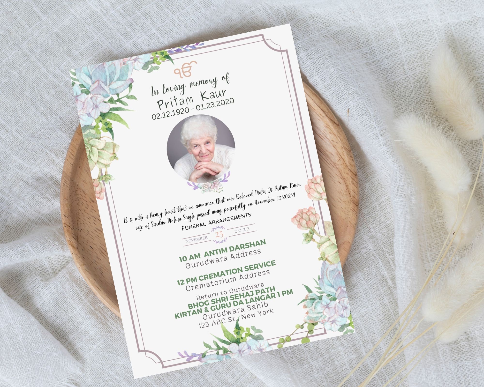 Sikh Funeral Invite, Punjabi Funeral Invitation Template, Sikh Memorial