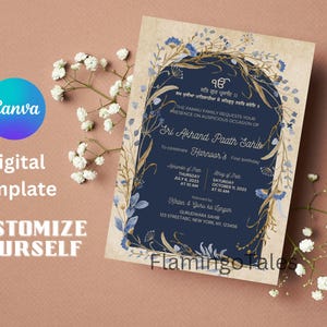 Sri Akhand Paath Invitation birthday new home,Blue Golden unique ethnic Sikh Punjabi Invites,Digital Editable Canva template