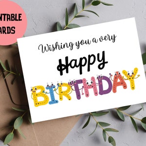 Cartão digital para impressão de feliz aniversário, cartas engraçadas, cartão de aniversário para crianças, cartões de aniversário, cartões impressos em casa