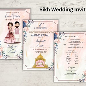 Anand Karaj invite, carte de cérémonie de mariage sikh, faire-part de mariage floral rose bleu punjabi, invitation sikh numérique, invitations de mariage sikh