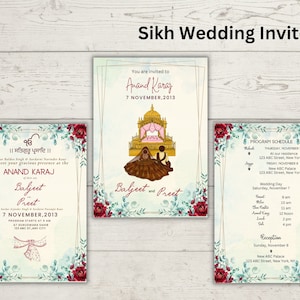 Anand Karaj invita, carta di cerimonia di nozze Sikh, invito a nozze Punjabi verde marrone floreale, invito digitale Sikh, inviti di nozze Sikh