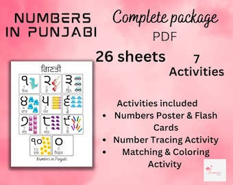 Puede incluir: Un fondo rosa con el texto "Numbers in Punjabi" en negro. Un cuadrado blanco contiene una tabla con los números del 1 al 10 en punjabi, con imágenes correspondientes y la palabra inglesa para cada número. El texto "Complete package PDF 26 sheets 7 Activities" está en negro. Debajo del texto, se incluye una lista de actividades: "Numbers Poster & Flash Cards", "Number Tracing Activity", "Matching & Coloring Activity".