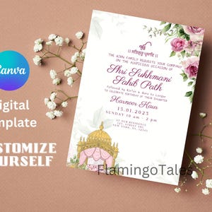 Sukhmani Sahib Paath invite for birthday, pink rose,Digital Sikh invitations,Punjabi,Gurdwara Pastel Floral Akhand Paath