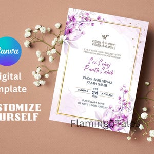Sri Sehaj Paath Invitation, pretty pink purple flowers Canva DIY Template, Sikh Invitations, Digital Sikh Invites, Editable, Gurdwara event