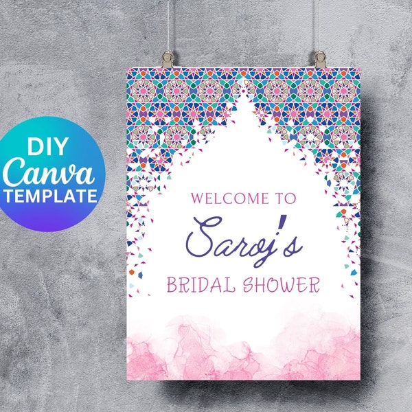 Bridal Shower Welcome Sign editable Canva template Elegant unique royal pink Punjabi Sikh Indian wedding anand karaj engagement Digital