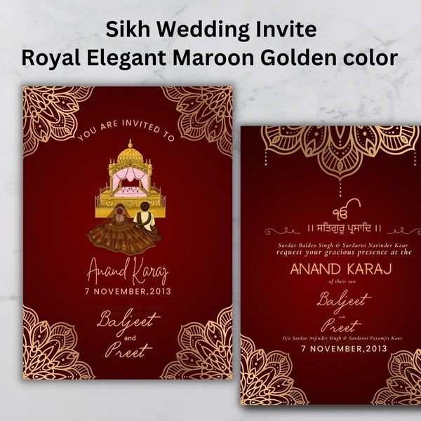 Anand Karaj invite,Sikh wedding ceremony card,Elegant Maroon Golden Punjabi Wedding invitation,Digital Sikh invitation, Sikh wedding invites