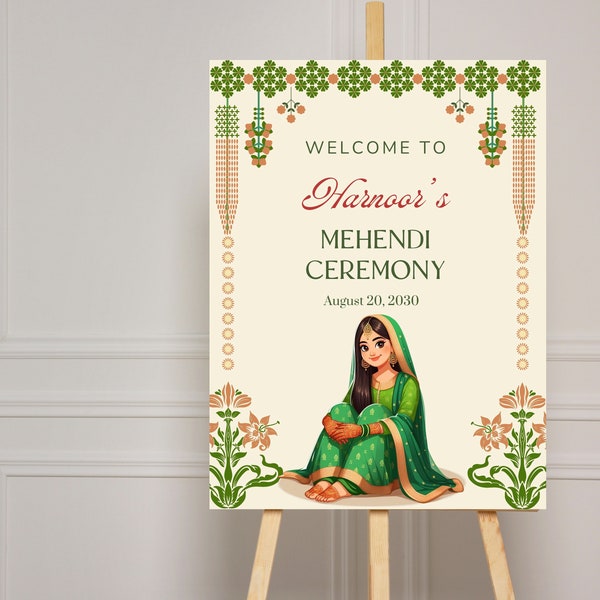 Mehendi Welcome sign Jee Ayan nu,Gurmukhi,deep green unique,Sikh Punjabi Hindu wedding poster board,wedding,anand karaj,chunni ceremony