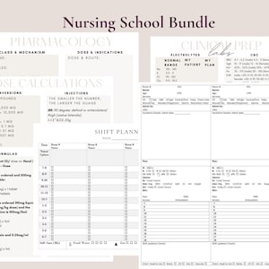 Może przedstawiać: Zestaw drukowanych przewodników do nauki w szkole pielęgniarskiej. Strony obejmują farmakologię, obliczenia dawek, iniekcje, planowanie zmian, wartości laboratoryjne elektrolitów i morfologii oraz szablony planów pacjentów.