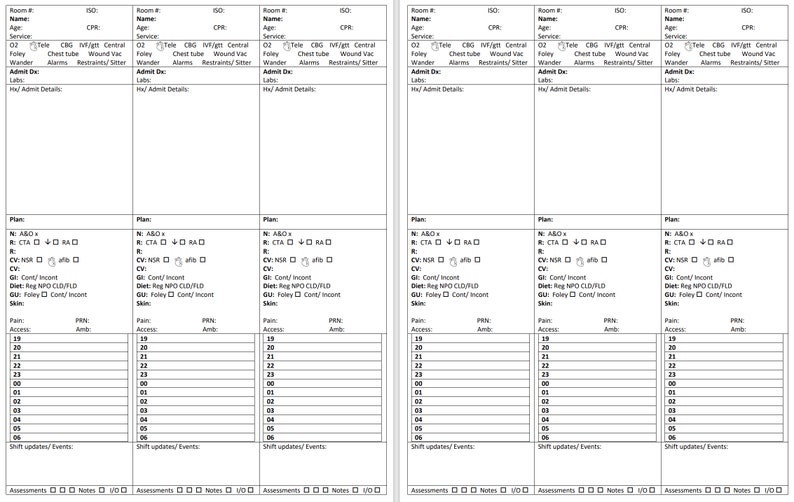 Editable 6 Patient Med Surg or Telemetry Report Sheet print Double