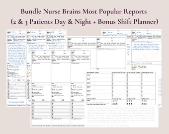 Op de afbeelding: Een printbare verpleegkundige shiftplanner met een witte achtergrond en zwarte tekst. De planner is ontworpen voor 2 of 3 patiënten en bevat een bonus shiftplanner. De tekst op de planner luidt "Bundle Nurse Brains Most Popular Reports (2 & 3 Patients Day & Night + Bonus Shift Planner)".