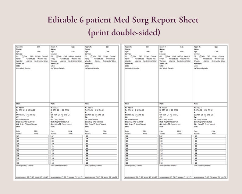 Editable 6 Patient Med Surg or Telemetry Report Sheet print Double