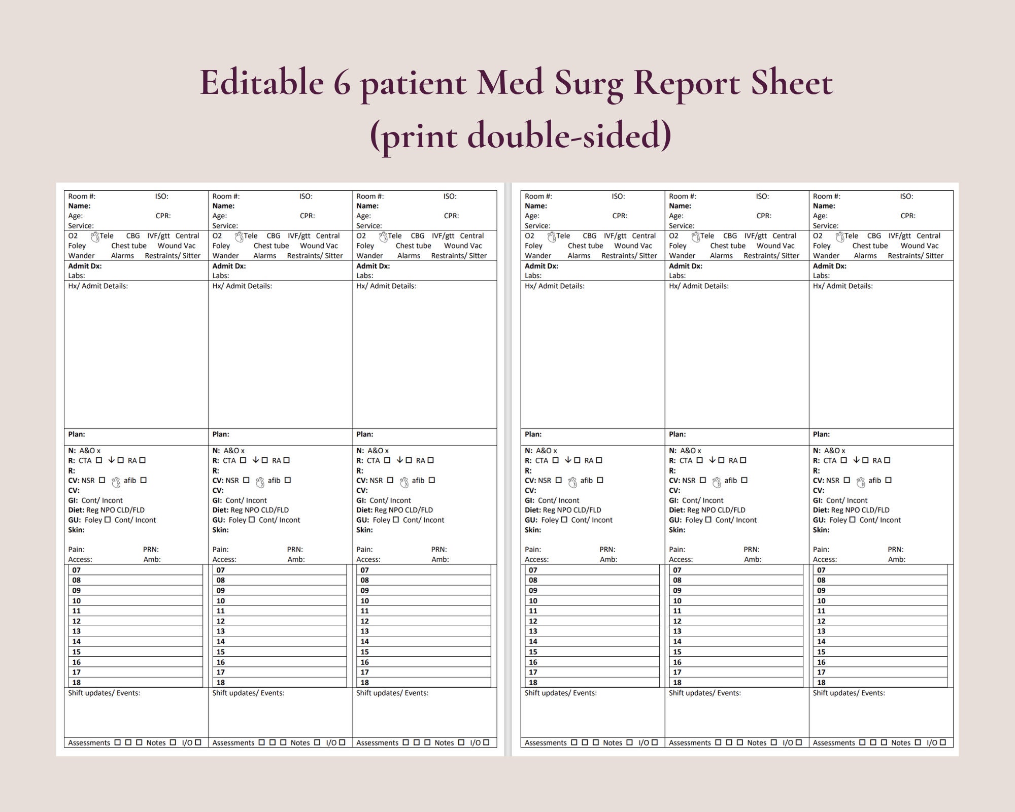 Editable 6 Patient Med Surg or Telemetry Report Sheet (print Double ...