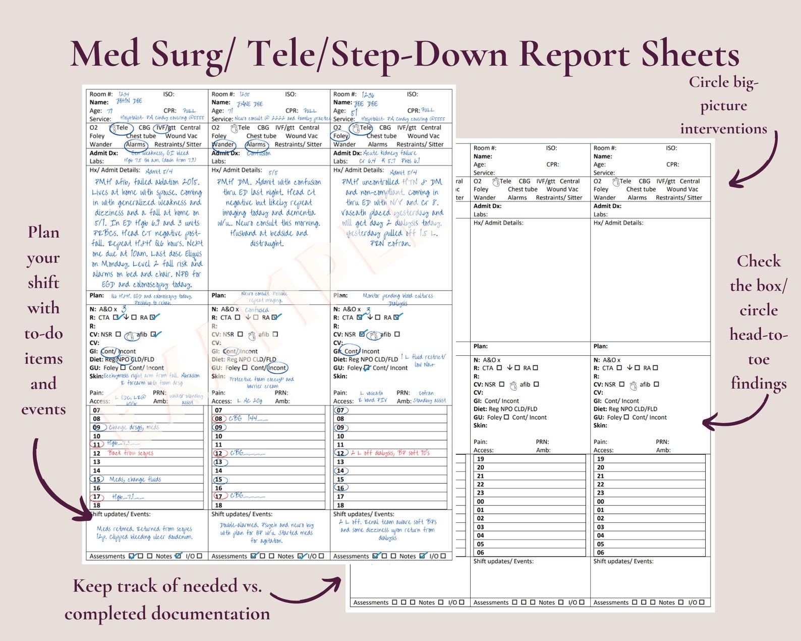 Med Surg Telemetry or Step Down Nurse Report Sheet 3 Patients Etsy