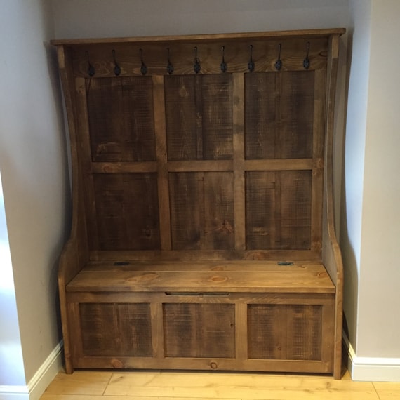 Rustic High Back Monks Bench With Coat Hooks Etsy Ireland