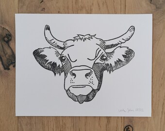 Cow . stamp printing . 18x24cm