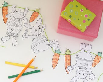 Garland with Easter bunnies for colouring and cutting out as PDF: a kit for children