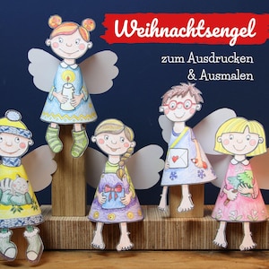 5 Weihnachtsengel zum Ausmalen & Basteln für Kinder, PDF mit 5 DIN A4-Seiten, Engel aus Papier, Basteln im Advent, Weihnachten