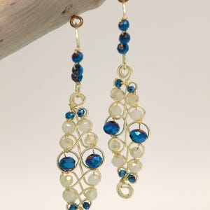 Arabesque crystal earrings, Elegant boho dangle earrings, Handmade long earrings, Gold copper wire earrings, Artisan statement jewelry Gift