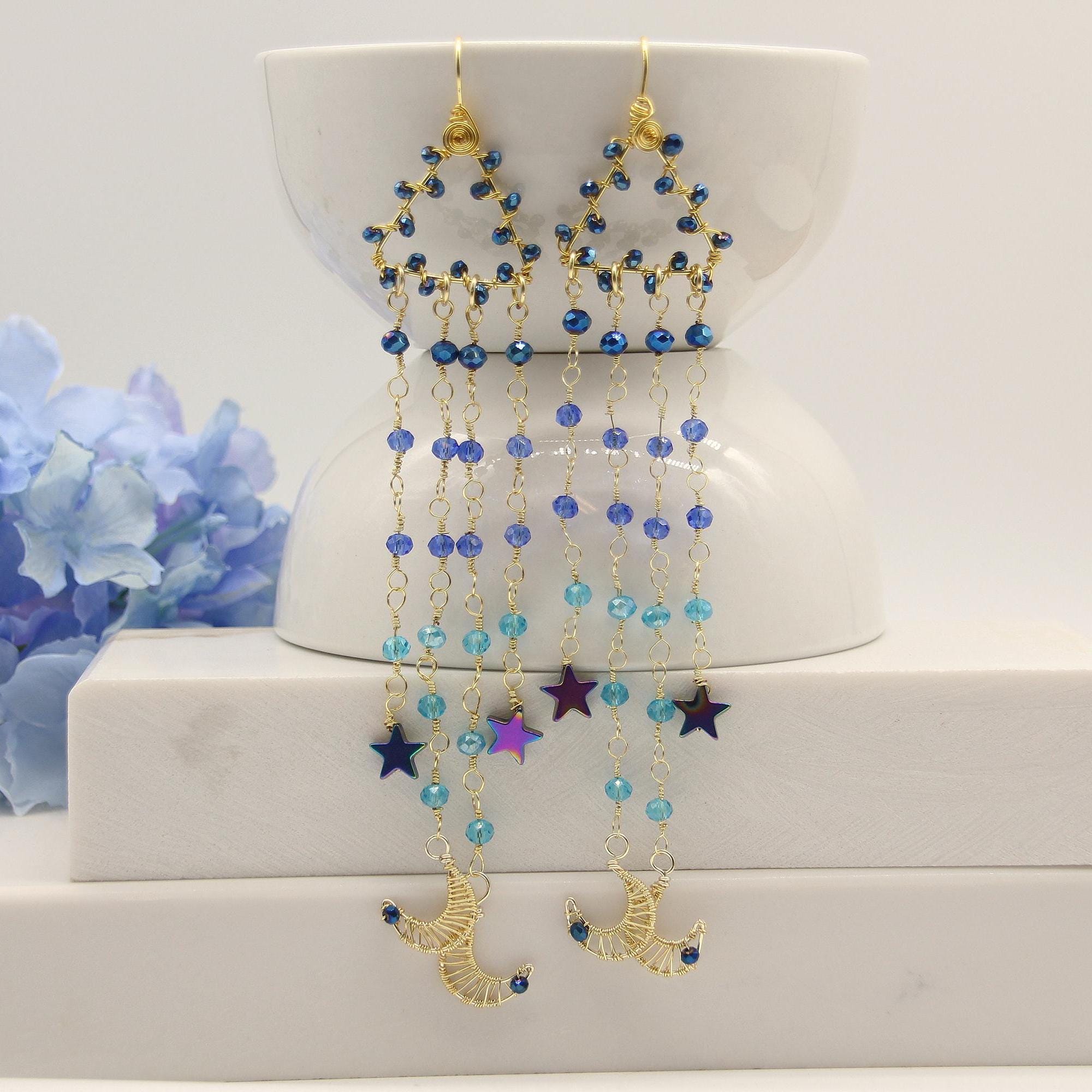 Orecchini Lunghi Pendenti Luna E Stella In Cristallo, Stile Boho Hippie. Gioielli Metafisici Placcati Oro Vintage, Ipoallergenici, Lunghi 12,5 Cm.