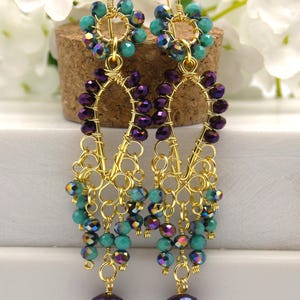 Boucles d'oreilles lustre en cristal turquoise violet : boucles d'oreilles pendantes en fil d'or