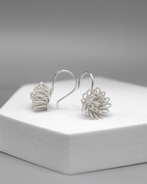 Handcrafted 940 Sterling Silver Dahlia Flower Earrings, Boho Wire Wrapped Jewelry Gifts