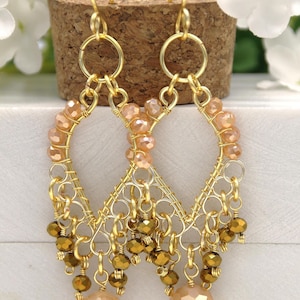 Gold Chandelier Earrings: Champagne Crystal Dangle, Bohemian Style