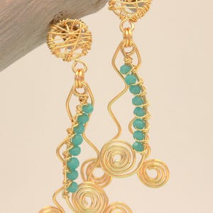 Gold Spiral Drop Earrings, Boho Long Colorful Crystal Earrings Dangle, Handmade Wire Wrap Jewelry, Statement Earring Unique for Women Gift
