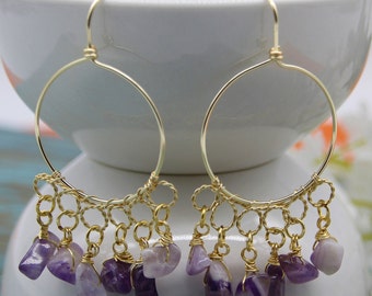 Amethyst Earrings, Purple Gemstone Earrings, Gold Chandelier Dangle Earrings, Wire Wrapped Earrings, Handmade Christmas Gift for Her/ SHARON