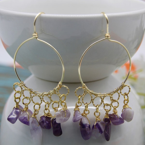 Amethyst Earrings, Purple Gemstone Earrings, Gold Chandelier Dangle Earrings, Wire Wrapped Earrings, Handmade Christmas Gift for Her/ SHARON