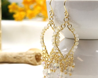 Gold Chandelier Dangle Earrings, White Crystal Chandelier Earrings, Handmade Wire Wrapped Earrings for Women, Gift for Valentines Day /KAYLA